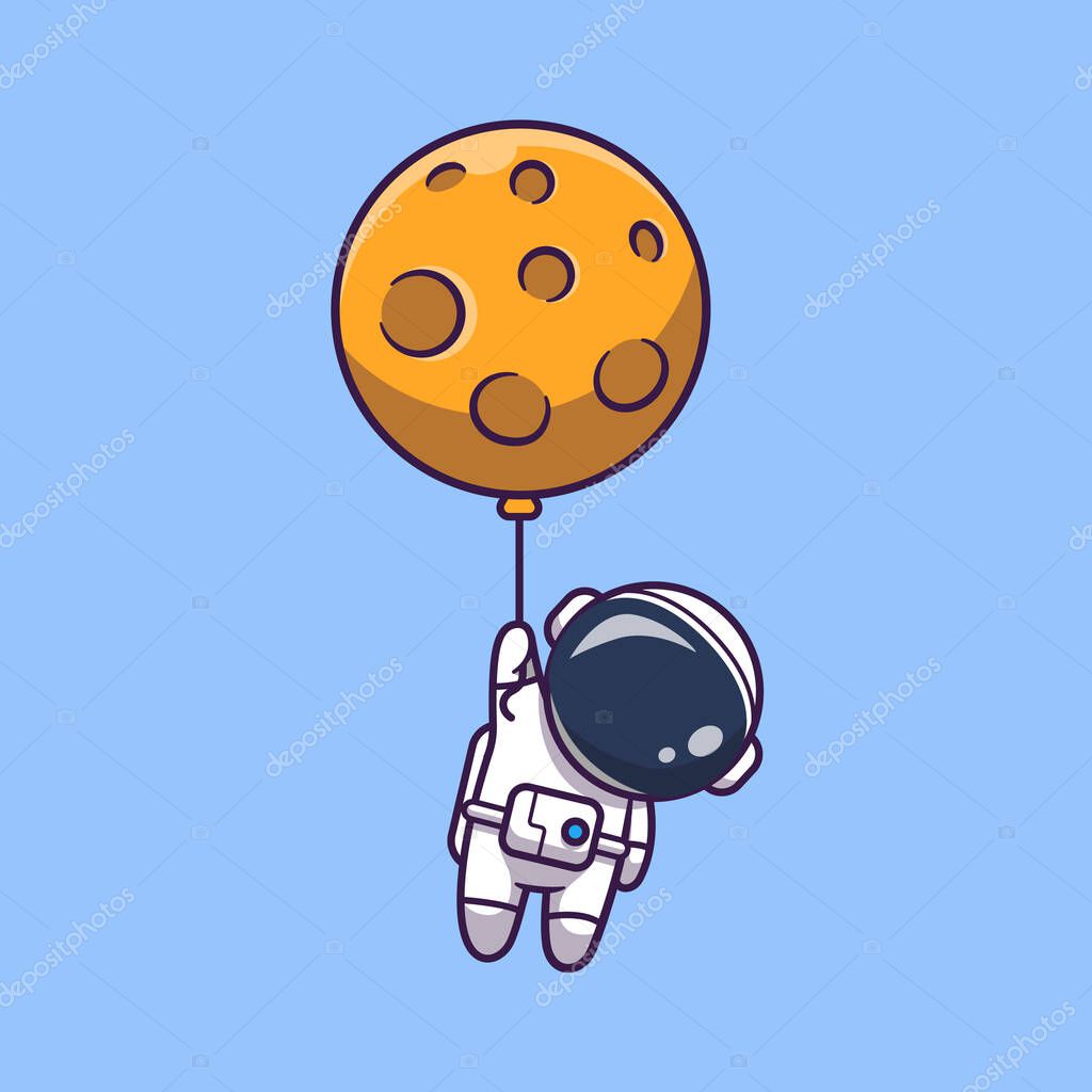 Cute Astronaut Floating With Moon Balloon Cartoon Vector Icon Illustration. Science Technology Icon Concept Isolated Premium Vector. Flat Cartoon Style
