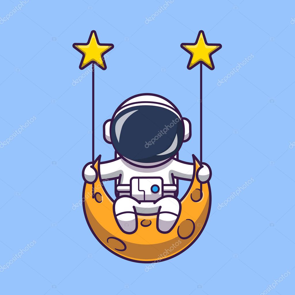 Cute Astronaut Swinging On Moon Cartoon Vector Icon Illustration. Science Technology Icon Concept Isolated Premium Vector. Flat Cartoon Style.
