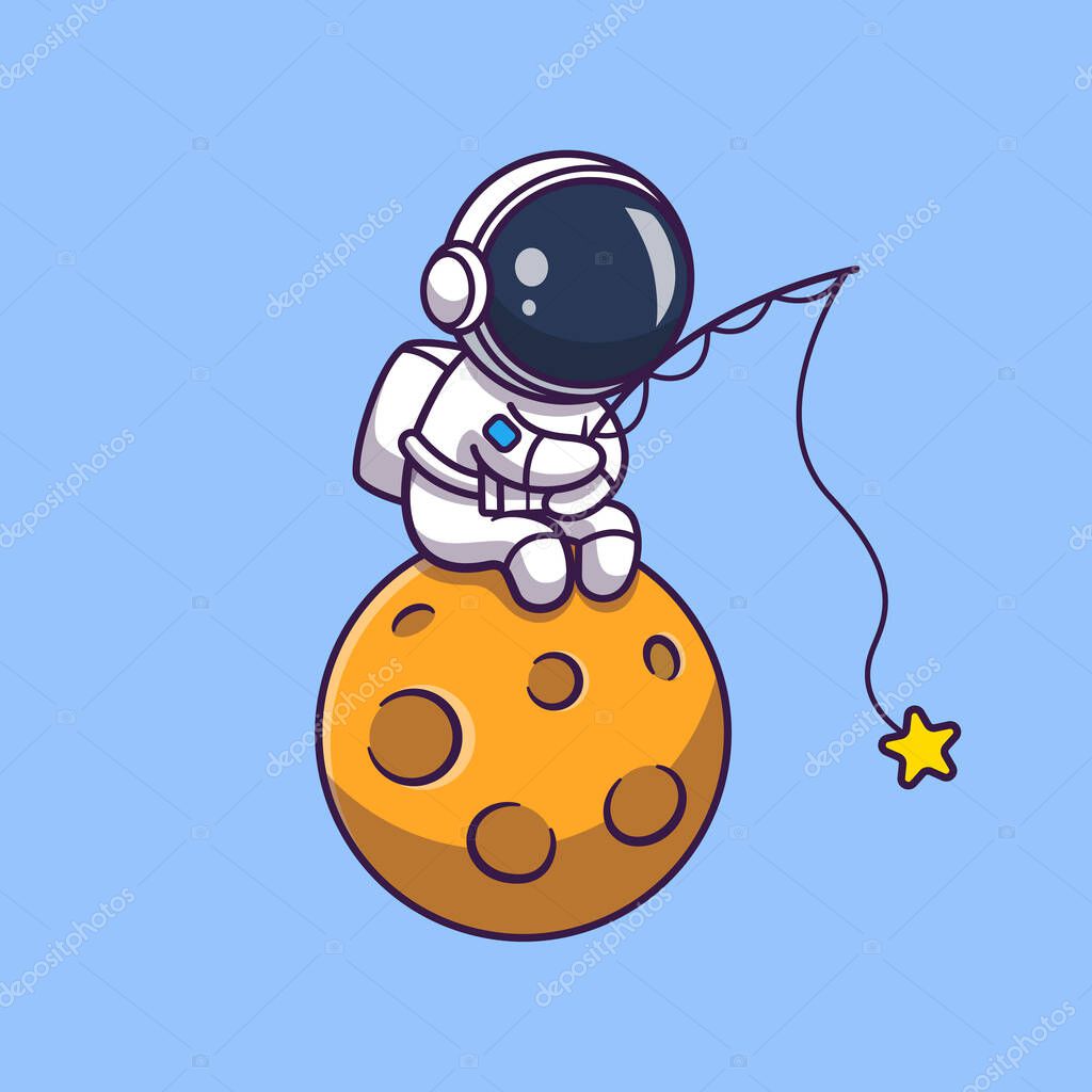 Cute Astronaut Fishing Star On Moon Cartoon Vector Icon Illustration. Science Technology Icon Concept Isolated Premium Vector. Flat Cartoon Style