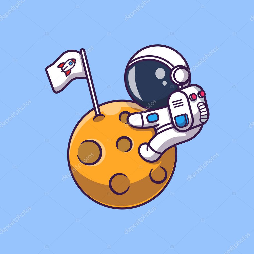 Cute Astronaut Hug Moon Cartoon Vector Icon Illustration. Science Technology Icon Concept Isolated Premium Vector. Flat Cartoon Style