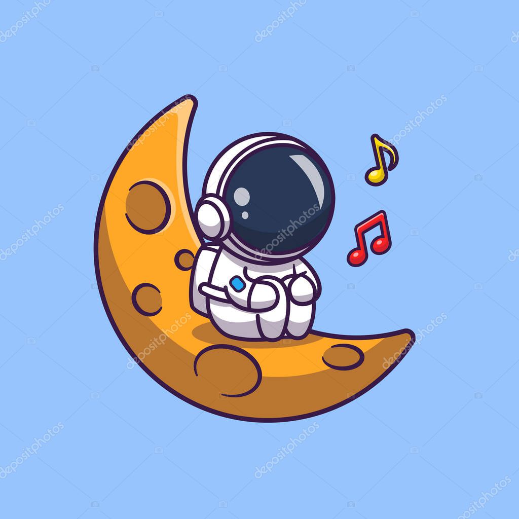 Cute Astronaut Listening Music On Moon Cartoon Vector Icon Illustration. Science Technology Icon Concept Isolated Premium Vector. Flat Cartoon Style