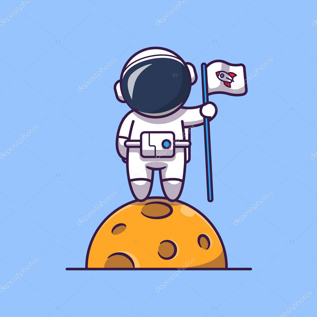 Cute Astronaut Landing On Moon And Holding Flag Cartoon Vector Icon Illustration. Science Technology Icon Concept Isolated Premium Vector. Flat Cartoon Style