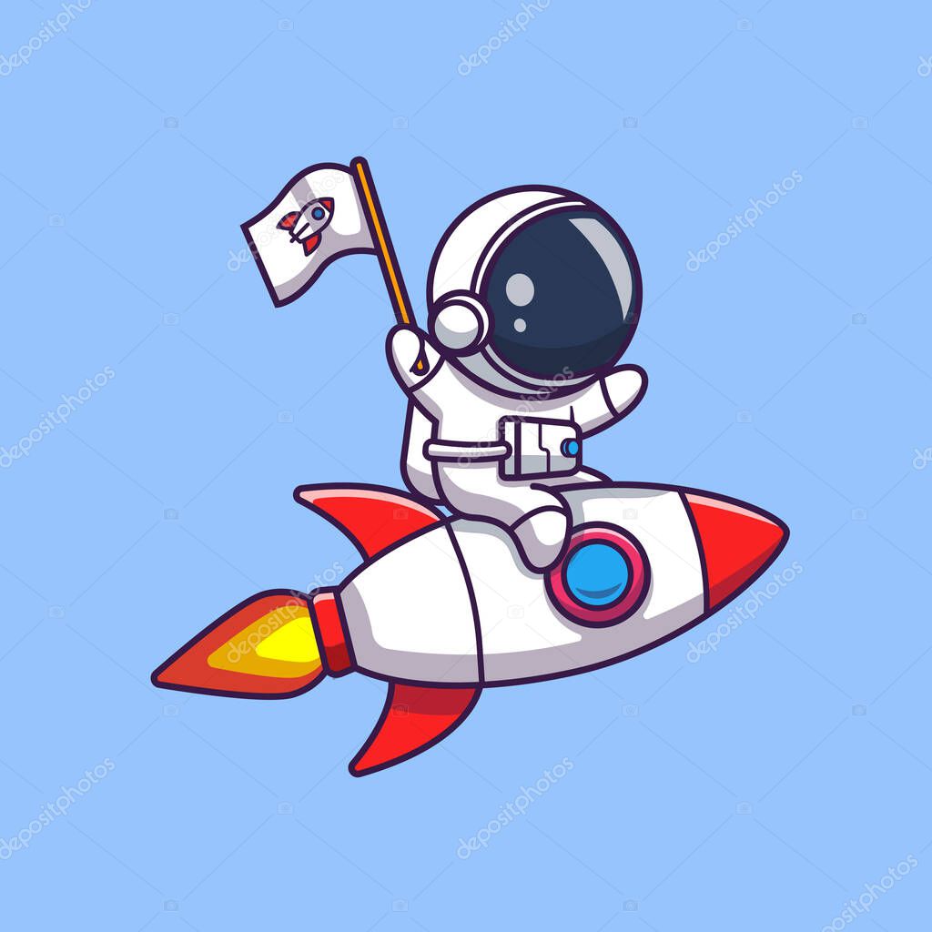 Cute Astronaut Riding Rocket And Holding Flag Cartoon Vector Icon Illustration. Science Technology Icon Concept Isolated Premium Vector. Flat Cartoon Style