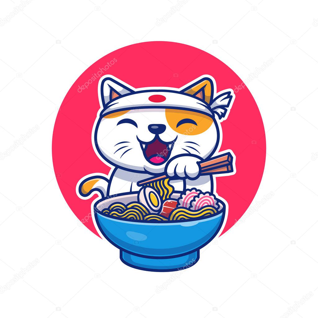 Cute Cat Eating Ramen Noodle Cartoon Vector Icon Illustration. Animal Food Icon Concept Isolated Premium Vector. Flat Cartoon Style