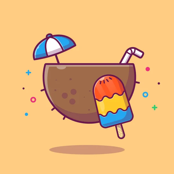 Coconut Drink Fruit Popsicle Cartoon Vector Icon Illustration Food Holiday — Vetor de Stock