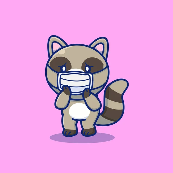 Cute Raccoon Wearing Medical Mask Cartoon Vector Icon Illustration Animal — Stok Vektör