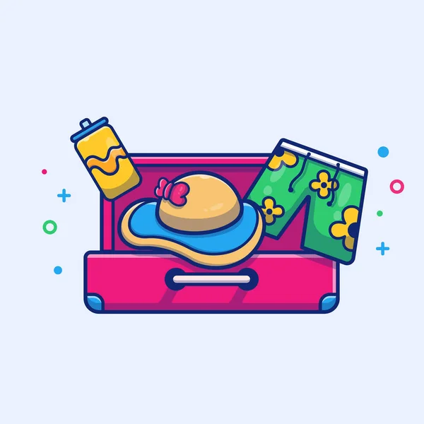 Suitcase Hat Swimsuit Cartoon Vector Icon Illustration Holiday Outdoor Icon — Stock vektor