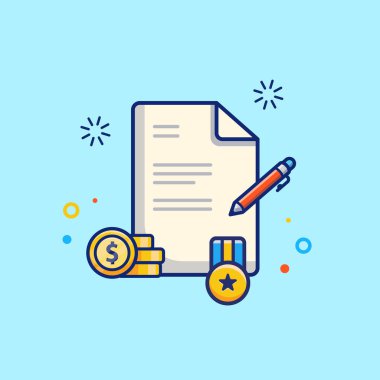 Scholarship, certificate, Coin, Badge And Pen Cartoon Vector Icon Illustration. Education Financial Icon Concept Isolated Premium Vector. Flat Cartoon Style
