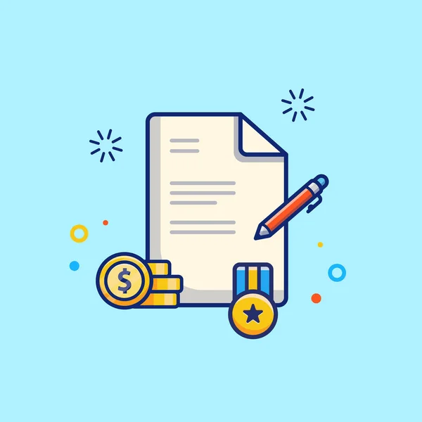 Scholarship, certificate, Coin, Badge And Pen Cartoon Vector Icon Illustration. Education Financial Icon Concept Isolated Premium Vector. Flat Cartoon Style