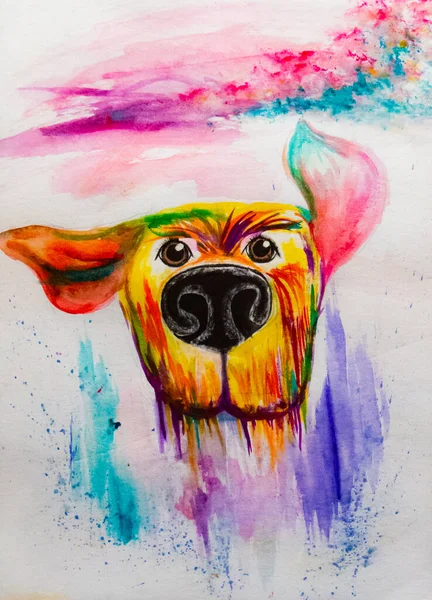 Kolorowy akwarelowy rysunek psa z podniesionym uchem i dużym nosem — Zdjęcie stockowe