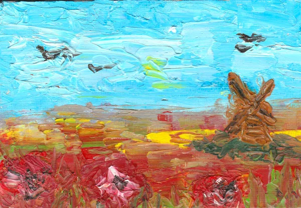 Büyük vuruşlarla çizmek. Yaz manzarası sakin taşralı. Eski değirmen ve tarla dolusu gelincik ve gökyüzünde kuşlar