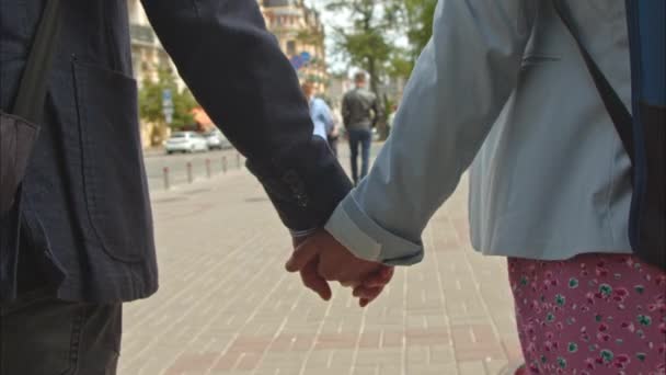 Älskare Går Hand Hand Händerna Ett Par Förälskade Genom Vårstaden — Stockvideo