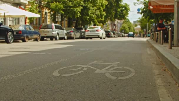 Şehirdeki Bisiklet Yolu Arabadan Gelen Beyaz Bir Çizgiyle Sınırlıdır Yaz — Stok video
