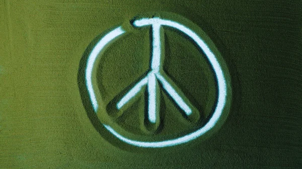 Hand Drawing Pacific Peace Symbol Green Sand Erases Male Hand — Stock Photo, Image