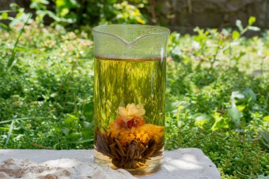 Bahçede limon ve taze nane yapraklarıyla servis edilen bir taşın üzerinde çiçek açmış çay duruyor. Seçmeli Odak Camı