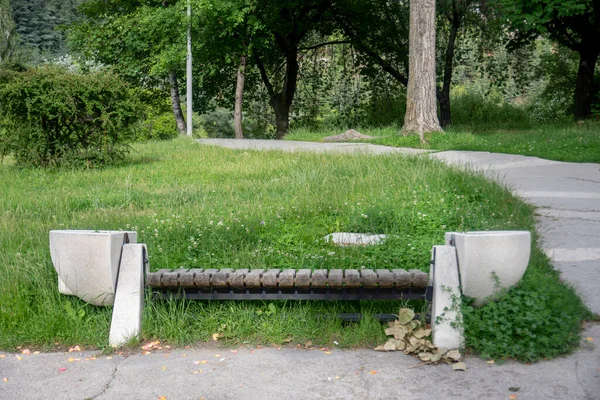 Sonbahar günü şehir parkında boş bir bank. çimenler, ağaçlar ve yere düşen kuru yapraklar..