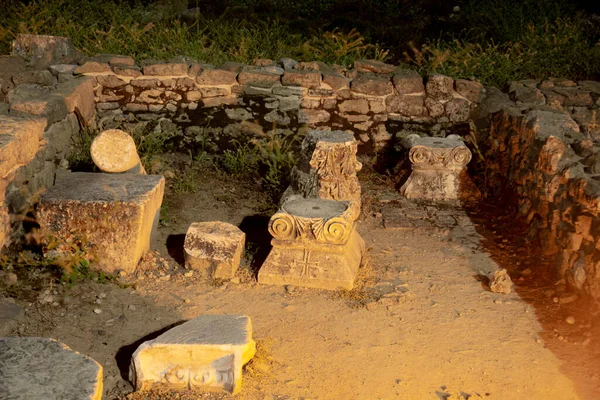 House Peristyle Aspendos Side Antalya Column Heads Engraved Roman Cross — Stock Photo, Image