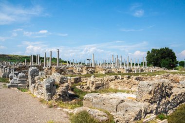 Antalya Türkiye yakınlarındaki antik Perge kenti. Köşeli cadde ve harabeler... İ.Ö. 12. ile 13. yüzyıllarda inşa edildiğine inanılıyor. Mavi Gökyüzü.