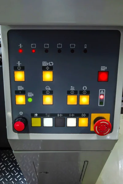 Placas Com Botões Controle Unidade Uma Máquina Impressão Offset Manuseio — Fotografia de Stock