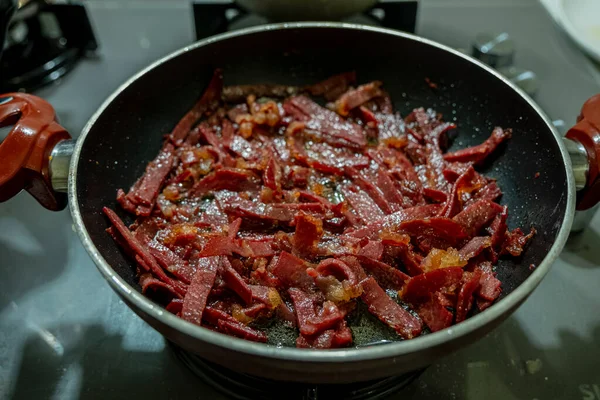 Bacon Slice Being Cooked Frying Pan Selective Focus Bacon — Stock Photo, Image