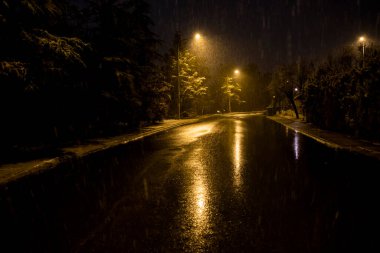 While the snowfall continues in Ankara, the view of the empty streets covered with snow. Selective Focus. Blur Motion Shot
