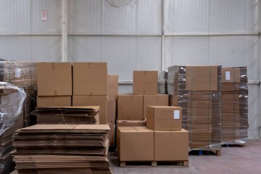 Mukavva kutular ve paketlerle dolu büyük bir mağaza. Daha Fazla Ürün Teslimatı için Lojistik, Sıralama ve Dağıtım Tesisleri. Ön Görünüm