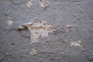 Eski gri çatlamış duvar arka planı. Gri duvar zaman, kötü hava ve nem yüzünden mahvoldu. Çatlaklar, küf, soyulmuş boya ve alçı. Doku, malzeme arkaplan.