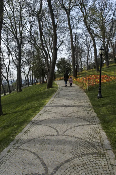 Procházkové Stezky Zdobené Zahrady Staré Stromy Sekané Trávníky Parku Istanbul — Stock fotografie