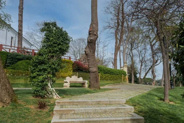 Пешеходные Дорожки Декорированные Сады Старые Деревья Газоны Парке Эмирган Стамбуле — стоковое фото
