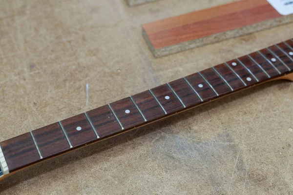 Manufacture Homemade Guitar Chipboard Background Selective Focus Copy Space Text — Stock Photo, Image