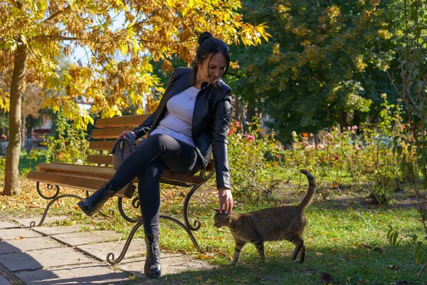 Yaşlarında Siyah Deri Ceketli Esmer Bir Kadın Parkta Bir Kediyi — Stok fotoğraf