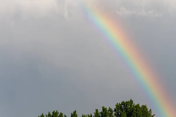 Rainbow in the cloudy sky during the rain. Background with copy space for text