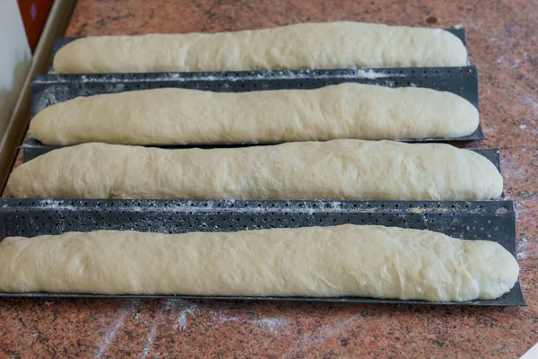 Dough in the kitchen. French baguettes on a baking sheet. Homemade bread baking. Background with selective focus and copy space for text