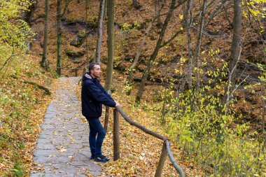 Genç bir adam sonbahar ormanlarında güzel bir manzaranın ve doğayla bütünlüğün tadını çıkarır. Metin veya yazıtlar için kopyalama alanı olan bir arkaplan. Doğayla baş başa kalma kavramı.