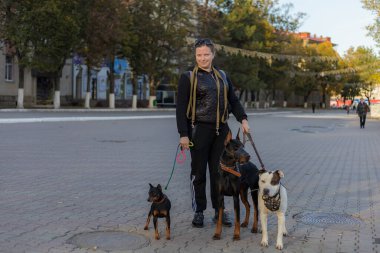 Köpekleri dışarıda gezen genç bir kadın. Bulanık arkaplanı olan seçici odaklanma. Sığ alan derinliği.