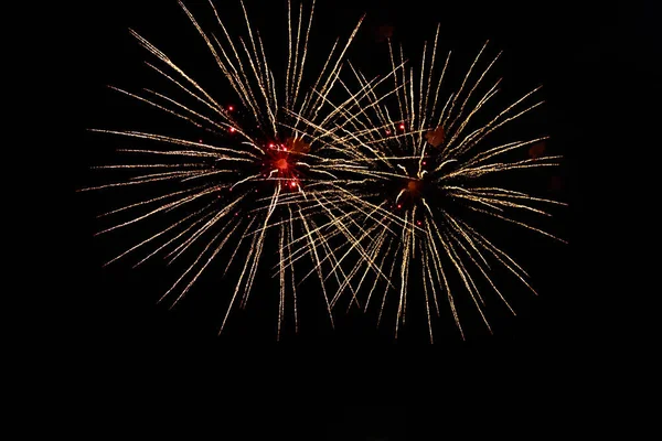 Fuegos Artificiales Muy Hermosos Contra Cielo Negro Con Espacio Copia —  Fotos de Stock