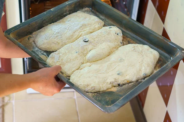 Massa Farinha Pão Italiano Ciabatta Pão Assado Casa Antecedentes Com — Fotografia de Stock