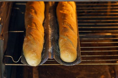 Hamur fırında. Fırın tepsisinde Fransız ekmeği. Ev yapımı ekmek. Seçici odaklı arkaplan ve metin için alanı kopyala.