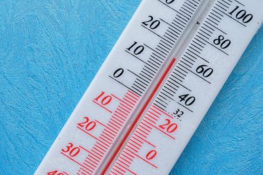 Ortam sıcaklığını ölçmek için termometre. Metin veya harfler için kopyalama alanı olan sembolik soğuk mavi arkaplan. Evdeki ve sokaktaki soğuk kavramı.