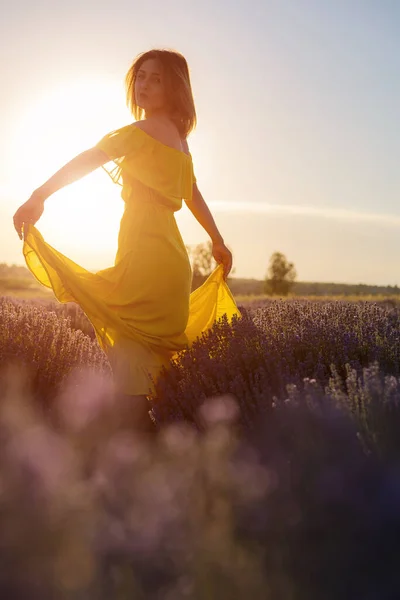 Beautiful Pretty Young Woman Yellow Dress Relaxes Enjoys Walk Lavender — Stock Photo, Image