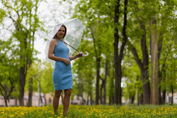 Young Woman Transparent Umbrella Blurred Background City Park Copy Space — Stock Photo, Image