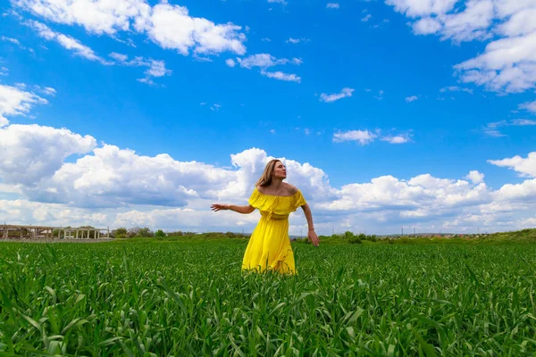 Young Woman Yellow Dress Outdoors Green Field Dancing Symbol Happiness Stock Image