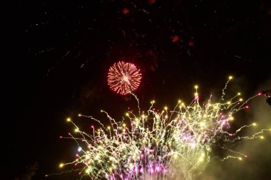 Kara gökyüzüne karşı çok güzel havai fişekler. Metin ve yazıtlar için kopyalama alanı var. Tasarım için grafik bir kaynak. Tasarımcı için boş. Altını çiz ya da altını.