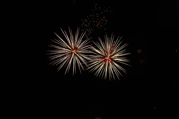 Sehr Schönes Feuerwerk Gegen Den Schwarzen Himmel Mit Kopierraum Für — Stockfoto