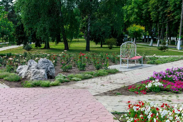 Красивая Скамейка Влюбленных Городском Парке Клумбами Цветами Сердце Символ Любви — стоковое фото