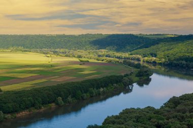 Geniş nehir. Metin veya harfler için kopya alanı olan Doğu Avrupa arka planı. Balık tutmak ve rafting yapmak için ideal. Bir turistin gözlerinden bak.