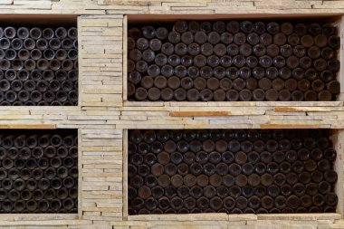 Bodrumdaki taş bir rafta yıllanmış lüks alkol şişeleri. Metin için kopyalama alanı olan arkaplan