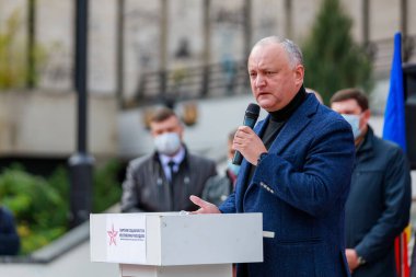 Igor Dodon ülkenin eski başkanıdır. Sosyalist Parti Toplantısı. İllüstrasyon başyazısı. 17 Ekim 2021 Balti Moldova.