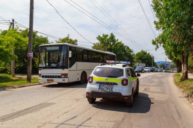 Polis arabası. Metin veya yazıtlar için kopyalama alanı olan bir arkaplan. İllüstrasyon başyazısı. 12 Temmuz 2021 Balti Moldova.