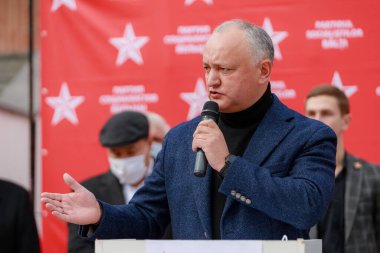 Igor Dodon ülkenin eski başkanıdır. Sosyalist Parti Toplantısı. İllüstrasyon başyazısı. 17 Ekim 2021 Balti Moldova.